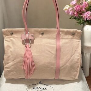COMING SOON Prada Linen Canvas and Pink Leather Canapa Tote with COA